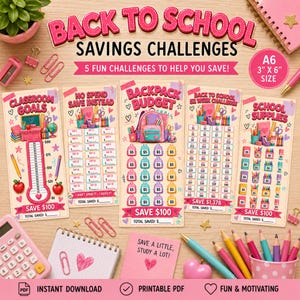 Może przedstawiać: Pięć trackerów oszczędności Back to School w formacie A6 7,6 cm x 15,2 cm z kolorowymi ilustracjami przyborów szkolnych, plecaków i termometrów. Każdy tracker zawiera miejsca na śledzenie celów oszczędnościowych z napisami takimi jak Classroom Goals, No Spend Save Instead, Backpack Budget, 52 Week Challenge i School Supplies.