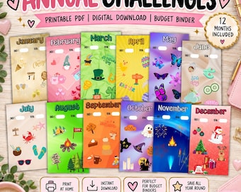 May include: A printable digital download budget binder set titled ANNUAL CHALLENGES featuring twelve monthly pages. Each page displays seasonal graphics and icons for January through December, including text labels for each month, space for totals, and 12 months included.
