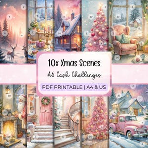 May include: A collection of ten watercolor Christmas scenes, each featuring a unique winter setting. The images include snowy landscapes, decorated homes, and festive elements. Text on the image reads "10x Xmas Scenes A6 Cash Challenges PDF PRINTABLE | A4 & US."