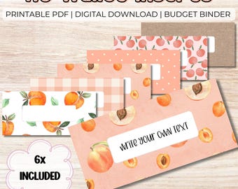 May include: A set of A6 wallet inserts featuring various peach-themed patterns, including whole peaches, sliced peaches, polka dots, and gingham checks. Each rectangular insert includes a white label area with the text WRITE YOUR OWN TEXT.