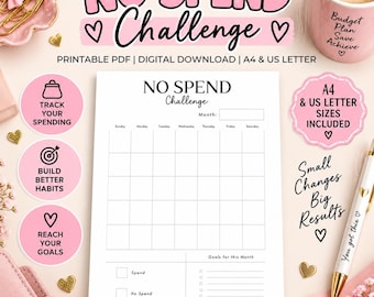 Könnte beinhalten: Eine druckbare No Spend Challenge Planerseite mit einem monatlichen Kalenderraster, einem Bereich für monatliche Ziele und Kontrollkästchen zur Ausgabenverfolgung. Das Dokument enthält Textüberschriften, ein rosa Farbschema und Informationen zum Download.