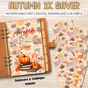 Può includere: Un pianificatore di risparmio digitale a tema autunnale con un raccoglitore in pelle marrone. Il pianificatore presenta una zucca, libri e un'illustrazione di bevanda. Il testo recita "Autumn 1K Saver" e "Dashboard & Challenges Included."
