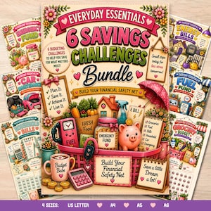 May include: A digital bundle of 6 savings challenges featuring a pink basket filled with a piggy bank, a jar labelled Emergency Fund, fresh produce, and a coffee mug. The text reads Everyday Essentials 6 Savings Challenges Bundle and Build Your Financial Safety Net, surrounded by various budgeting tracker sheets.