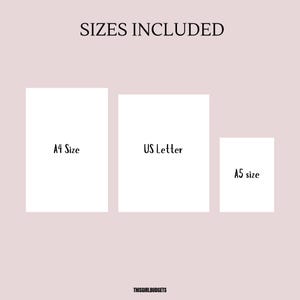 May include: A graphic showing three different paper sizes: A4, US Letter, and A5. The text "Sizes Included" is at the top of the image.