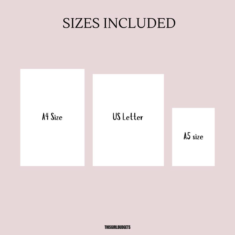 May include: A graphic showing three different paper sizes: A4, US Letter, and A5. The text "Sizes Included" is at the top of the image.