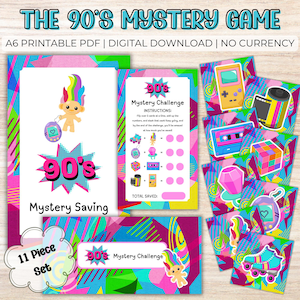 Puede incluir: Un conjunto de tarjetas de juego imprimibles con temática de los 90. Las tarjetas presentan un diseño colorido con el texto "THE 90'S MYSTERY GAME" y "Mystery Saving". El conjunto incluye 11 piezas y varios gráficos retro.