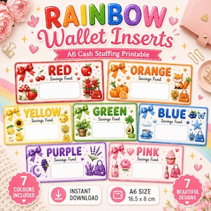 May include: A set of seven rectangular A6 wallet inserts for cash stuffing, each featuring a distinct color theme: red, orange, yellow, green, blue, purple, and pink. Each insert includes a blank white space for writing and themed illustrations.