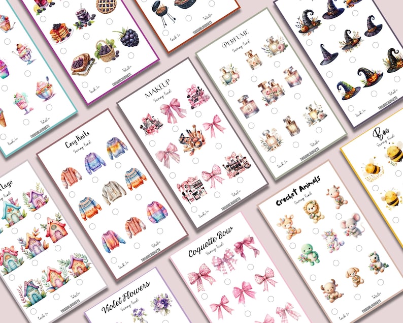 K&ouml;nnte beinhalten: Ein Set mit druckbaren digitalen Planer-Stickern zu verschiedenen Themen, darunter gem&uuml;tliche Strickwaren, Make-up, violette Blumen, Koketten-Schleifen, H&auml;keltiere und Bienen. Jedes Stickerblatt enth&auml;lt einen Titel und die W&ouml;rter "N&auml;hfund" und "einkleben".