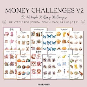 May include: Twelve printable A6 cash stuffing challenge sheets with various themes, including butterflies, gingerbread, coffee, and flowers. The sheets are designed for use with US dollars, British pounds, and Euros.