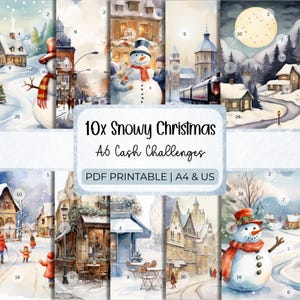 May include: A collection of ten watercolor illustrations with a snowy Christmas theme. Each image features winter scenes with snowmen, buildings, and festive decorations. The text "10x Snowy Christmas A6 Cash Challenges" is displayed.