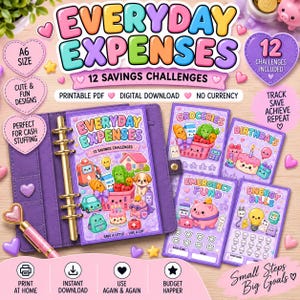 May include: A purple A6 binder containing Everyday Expenses savings challenge inserts with colourful cartoon illustrations of groceries, a piggy bank, and bills. Includes a pink heart-topped pen and several challenge cards with text like Groceries, Birthdays, Emergency Fund, and Energy Bills.