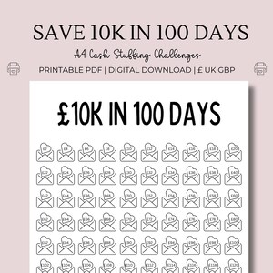 May include: A printable PDF download of a cash stuffing challenge to save £10,000 in 100 days. The challenge is presented as a grid of 100 envelopes, each with a number from £2 to £120.