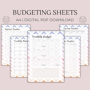 Può includere: Un set di fogli di budget stampabili in formato A4. I fogli sono progettati con un motivo a chevron rosa, viola e arancione. I fogli includono un budget mensile, un tracker di spese, un tracker di risparmi e un pianificatore mensile.
