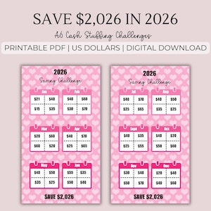 2026 Savings Challenge – A6 Printable Money Tracker, US Dollars Cash Stuffing Insert, Budget Binder PDF, Annual Savings Calendar