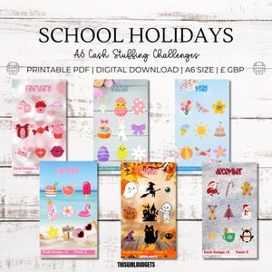 May include: A set of printable A6 size PDF cash stuffing challenge cards for school holidays. The cards feature different themes for each month, including February, Summer, Halloween, December, and more. Each card has a variety of colorful illustrations and text.