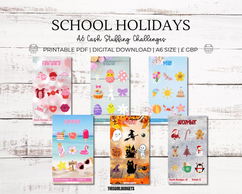 May include: A set of printable A6 size PDF cash stuffing challenge cards for school holidays. The cards feature different themes for each month, including February, Summer, Halloween, December, and more. Each card has a variety of colorful illustrations and text.