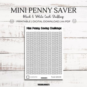 Mini Penny stampabile in bianco e nero Sfida di risparmio per il riempimento di contanti / A4 UK 201 Money Tracker / Budget a basso reddito / Download digitale PDF