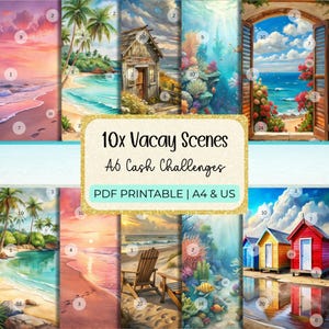 Peut inclure: Une collection de dix trackers de défis d'épargne rectangulaires présentant diverses scènes de plage et sous-marines avec des cercles numérotés superposés. Le texte central indique 10x Vacay Scenes A6 Cash Challenges PDF PRINTABLE | A4 & US.