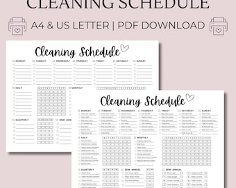 May include: A printable cleaning schedule with a black and white design. The schedule is divided into daily, weekly, monthly, quarterly, and semi-annual tasks. The schedule includes a heart icon and the text "Cleaning Schedule".