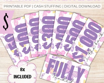 May include: A6 cash placeholders with butterfly designs. The placeholders feature amounts of $100, $200, $300, $500, and $1,000, along with the text "Fully Funded." The set includes 8 placeholders and is a printable PDF for cash stuffing.