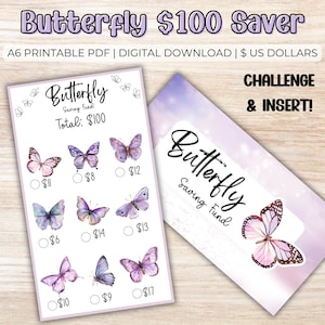 Könnte beinhalten: Digitaler Download mit einer Spar-Challenge zum Thema Schmetterling. Das Design umfasst ein druckbares PDF mit einem Gesamtsparziel von 100 €. Das Design umfasst eine Challenge und einen Einsatz mit Schmetterlingsillustrationen und Text.