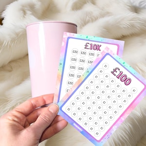 May include: Two colourful cards with a rainbow background. The top card has the text "£10K" and a grid of circles with the text "£250" in each circle. The bottom card has the text "£100" and a grid of circles with the text "£1" and "£2" in each circle.