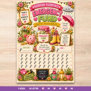 May include: A colorful emergency fund savings tracker chart featuring a glass jar filled with coins, a pink piggy bank, yellow rain boots, and a grid of wrench icons. The text reads Everyday Essentials Emergency Fund, Plan It, Save It, Achieve It, Live It, and includes motivational phrases about financial safety.