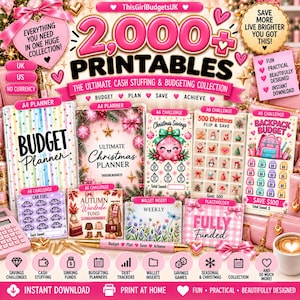 May include: A digital collection of 2,000 printable budget planners and cash stuffing challenges featuring pink and festive themes. Includes A4 and A6 planners, savings trackers, wallet inserts, and a pen with the text Budget Plan Save Achieve.