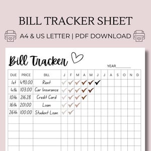 Puede incluir: Una hoja de seguimiento de facturas imprimible con un icono de corazón y el texto "Bill Tracker". La hoja incluye columnas para la fecha de vencimiento, el precio, el nombre de la factura y casillas de verificación para cada mes del año.