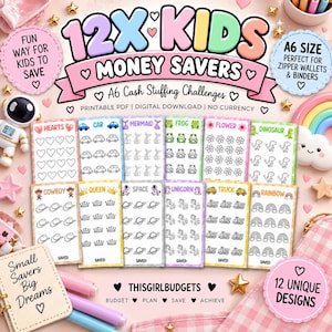May include: A set of 12 A6 size printable money saving challenge trackers for kids. Each card features a unique theme including hearts, cars, mermaids, frogs, flowers, dinosaurs, cowboys, crowns, space, unicorns, trucks, and rainbows with icons to colour.