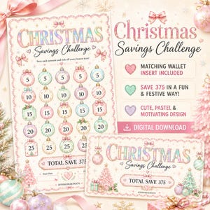 Puede incluir: Una hoja de seguimiento Christmas Savings Challenge y un inserto para cartera a juego con adornos, lazos y árboles festivos en tonos pastel. El texto dice Christmas Savings Challenge, Total Save 375, Matching Wallet Insert Included y Digital Download.