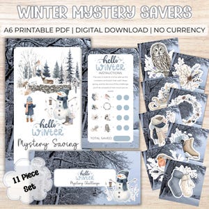 May include: A set of winter-themed printable digital downloads. The design includes a snowman, an owl, and winter scenes. The text on the image says "Winter Mystery Savers", "Hello Winter", and "Mystery Saving". The set includes 11 pieces.