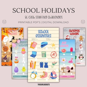 Paquetes de ahorro para vacaciones escolares: PDF imprimibles en formato A6 en dólares estadounidenses y británicos, rastreadores de efectivo, billetera de dinero, descarga digital, vacaciones para niños