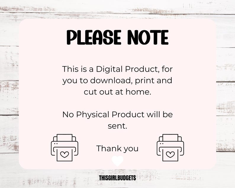 K&ouml;nnte beinhalten: Ein rosa-wei&szlig;er Hinweis auf einen digitalen Download mit dem Text "PLEASE NOTE" in Schwarz. Der Hinweis erkl&auml;rt, dass das Produkt ein digitaler Download ist und dass kein physisches Produkt versandt wird. Der Hinweis enth&auml;lt au&szlig;erdem zwei schwarz-wei&szlig;e Illustrationen von Druckern mit Herzen.