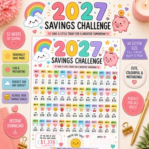 Puede incluir: Una hoja imprimible de desafío de ahorro 2027 con un arcoíris, una alcancía rosa y 52 casillas semanales con iconos coloridos y montos de $1 a $52, sumando un total de $1,378. La hoja incluye texto y el tamaño carta de EE. UU.