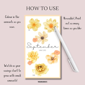 May include: A floral-themed savings tracker for September, featuring watercolor flowers and the text "September SAVE $70." The design includes instructions: "Colour in the amounts as you save" and "Watch as your savings start to grow with small amounts!"