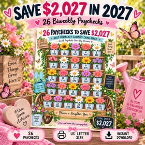 May include: A 2027 biweekly savings challenge chart featuring a wooden cart filled with 26 flower pots, each labelled with a number and currency amount. The chart includes text such as SAVE $2,027 IN 2027, 26 PAYCHECKS TO SAVE $2,027, and Bloom a Brighter You.