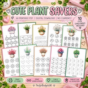Puede incluir: Un conjunto de descarga digital de 10 hojas de desafíos de ahorro imprimibles en formato A6 tituladas Cute Plant Savers. Cada hoja presenta una planta ilustrada única en una maceta con cara y varios iconos de seguimiento como corazones, hojas y flores.