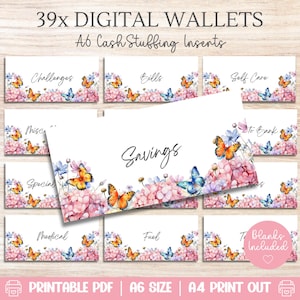 May include: A set of printable digital wallet inserts with floral and butterfly designs. The inserts are labeled for various categories like "Savings," "Bills," and "Challenges." The text "39x DIGITAL WALLETS" and "A6 Cash Stuffing Inserts" are at the top.