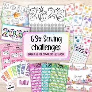 Puede incluir: Un conjunto de retos de ahorro imprimibles para 2026, con calendarios y hojas de seguimiento. Los diseños presentan motivos florales y de mariposas, con el texto "69x Saving challenges" y "2026". La paleta de colores incluye rosa, verde y azul.