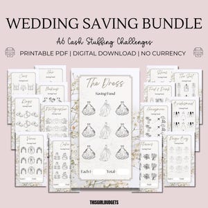 May include: A printable wedding saving bundle with 16 different cash stuffing challenges. Each challenge features a line drawing of a wedding-related item, such as a dress, rings, cake, and flowers. The text "The Dress Saving Fund" is at the top of the page.