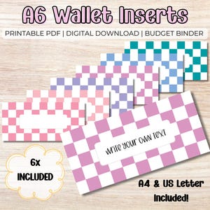 Puede incluir: Un conjunto de insertos para billetera A6 con un patrón de cuadros en varios colores, incluyendo rosa, morado, azul y verde azulado. Cada inserto tiene un área de etiqueta rectangular blanca con el texto 'WRITE YOUR OWN TEXT'. La imagen incluye el texto 'A6 Wallet Inserts', 'PRINTABLE PDF | DIGITAL DOWNLOAD | BUDGET BINDER', '6x INCLUDED' y 'A4 & US Letter Included!'.
