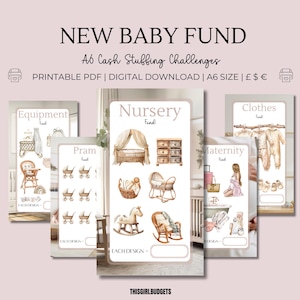 May include: Printable A6 size PDF download of cash stuffing challenges for a new baby fund. The printable includes categories for equipment, nursery, pram, clothes, and maternity.