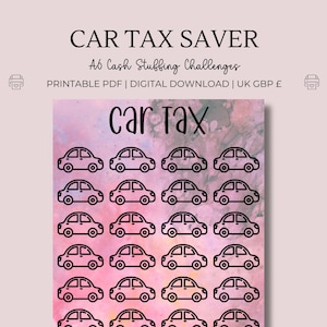 May include: Printable PDF sheet with 48 car icons for a car tax saving challenge. The sheet has a pink watercolor background with the text "CAR TAX SAVER" and "car tax" in black.