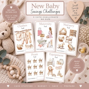 New Baby Fund Digital Challenges - Printable A6 PDF Download Bundle, UK, US & Euro - Budgeting Cash Stuffing, Pram, Nursery, Maternity