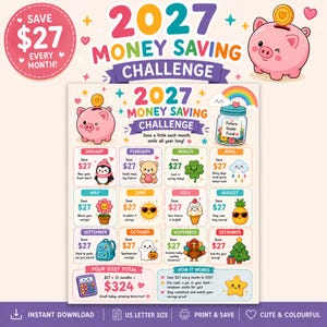 May include: A 2027 money saving challenge printable chart featuring a pink piggy bank, a jar labeled Future Goals Fund, and monthly sections from January to December. Each month displays a $27 savings goal with colorful illustrations and text.