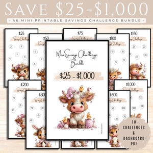 Paquete de minidesafíos de ahorro: ahorra entre 25 y 1000 dólares. Desafíos imprimibles para acumular efectivo, inserto para carpeta de presupuesto A6, Whimsical Cow.