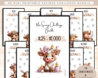 Mini Savings Challenge Bundle – Save 25–1000 Dollars Printable Cash Stuffing Challenges, A6 Budget Binder Insert, Whimsical Cow