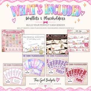 Puede incluir: Una pantalla de producto digital que presenta insertos para carpetas de efectivo A6, billeteras y marcadores de posici&oacute;n. La imagen incluye texto como WHAT'S INCLUDED, Wallets & Placeholders, BUILD YOUR PERFECT CASH BINDER y This Girl Budgets, mostrando varios conjuntos de organizaci&oacute;n presupuestaria.