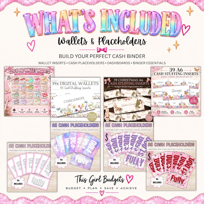Puede incluir: Una pantalla de producto digital que presenta insertos para carpetas de efectivo A6, billeteras y marcadores de posici&oacute;n. La imagen incluye texto como WHAT'S INCLUDED, Wallets & Placeholders, BUILD YOUR PERFECT CASH BINDER y This Girl Budgets, mostrando varios conjuntos de organizaci&oacute;n presupuestaria.